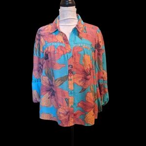 HOPE & HARLOW Vibrant Floral Button-Down Shirt Blouse Lace Inset Women 1X